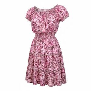 Elegant Pink Leaf Print Midi Dress Size 6